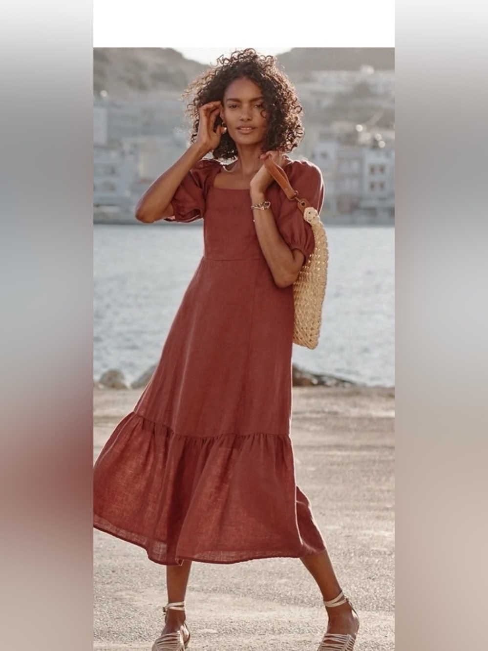 Garnet hill Linen brick red Puff-Sleeve Tiered Midi Dress